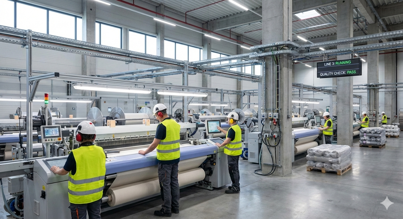 Impianto manifatturiero tessile moderno con linee di produzione automatizzate, macchinari industriali e operatori che collaborano con sistemi tecnologici avanzati