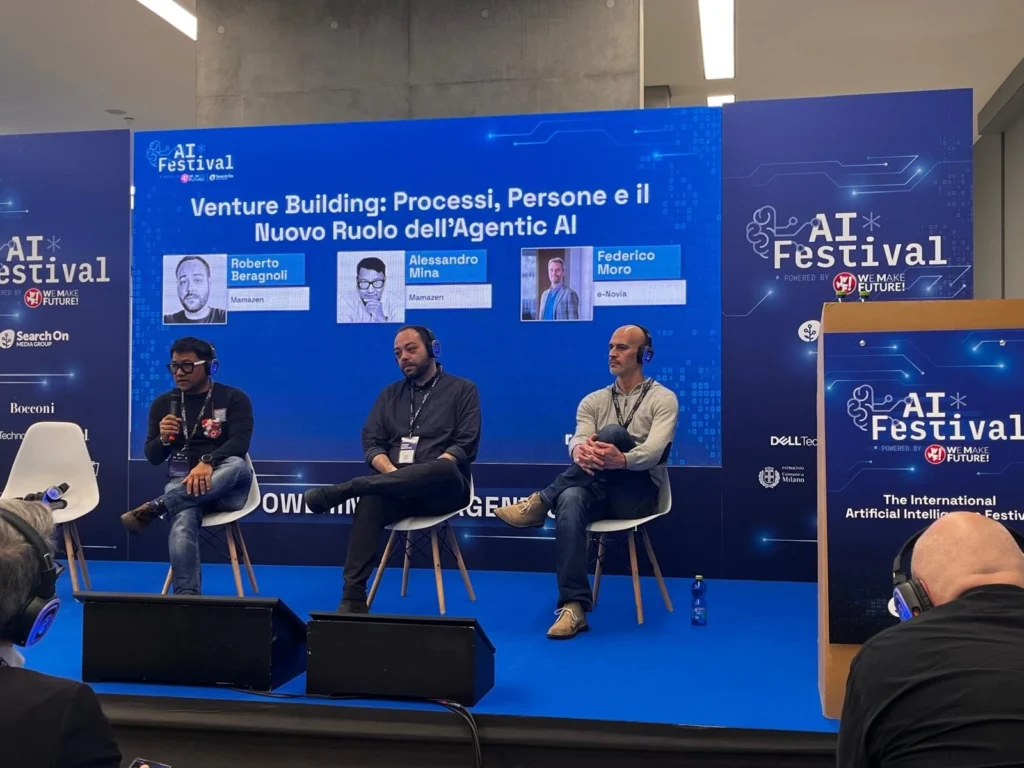 Federico Moro, Head of Venture Studio di e-Novia, durante lo speech su Agentic AI e venture building all’AI Festival 2026 in Università Bocconi a Milano.