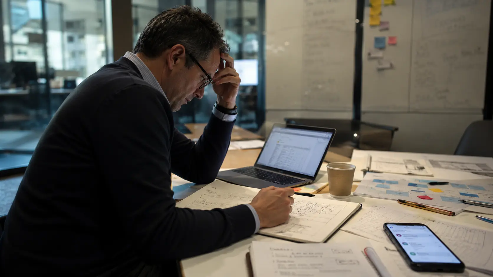 Manager R&D analizza nuove idee di innovazione tecnologica in ufficio operativo