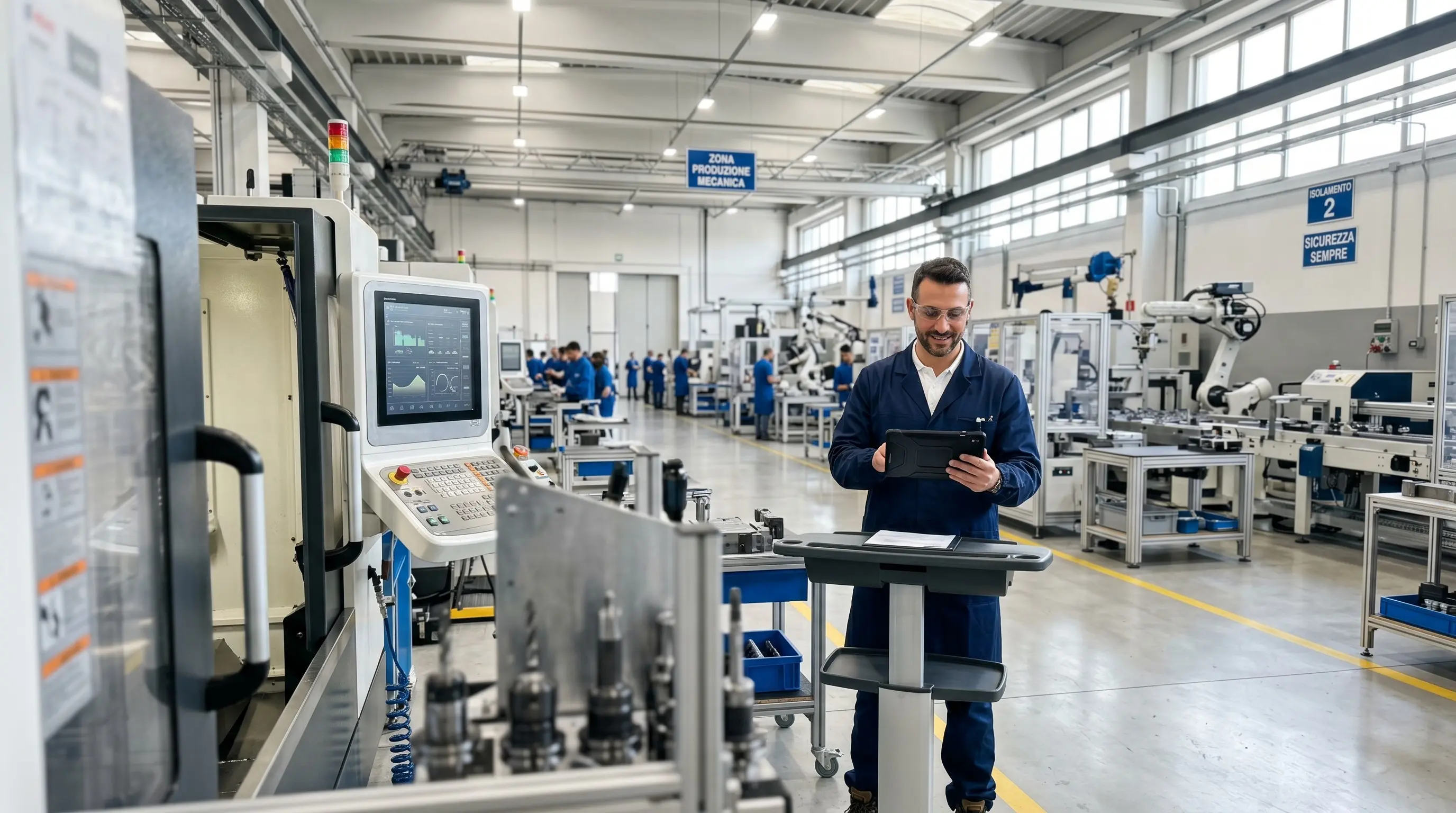 Dettaglio ravvicinato di sistemi industriali automatizzati che integrano architetture Edge computing per il controllo produttivo in tempo reale.