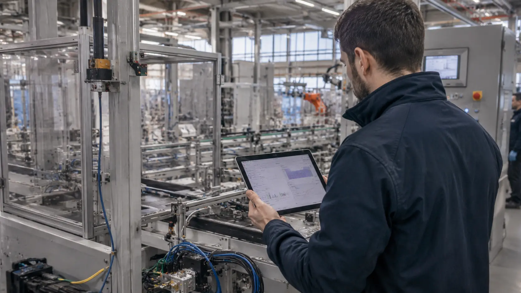 AI nei processi aziendali in un ambiente industriale con ingegnere, macchina connessa e dashboard operativa