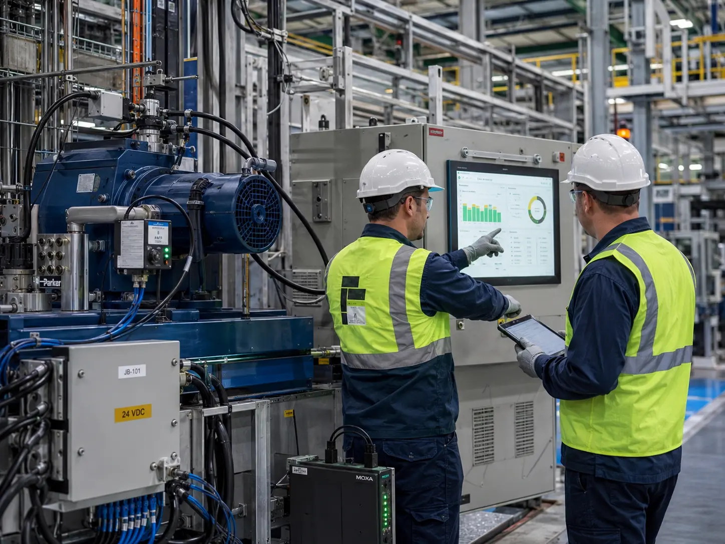Sistema Industrial IoT con sensori, piattaforma dati e AI fisica per la manifattura