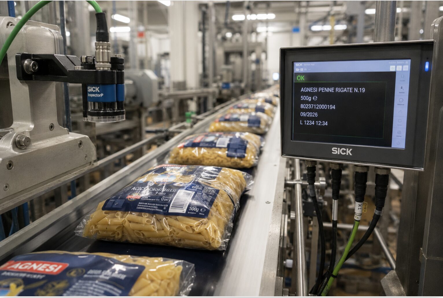 Food label inspection camera reading product label on a packaging line