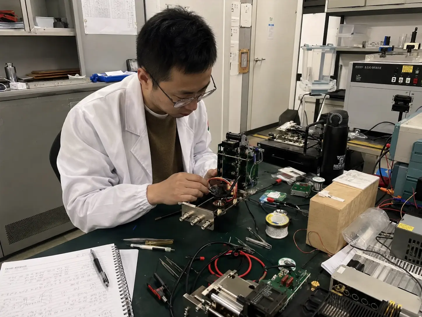 Ricercatore esamina un prototipo hardware su un banco di lavoro in un laboratorio deep tech