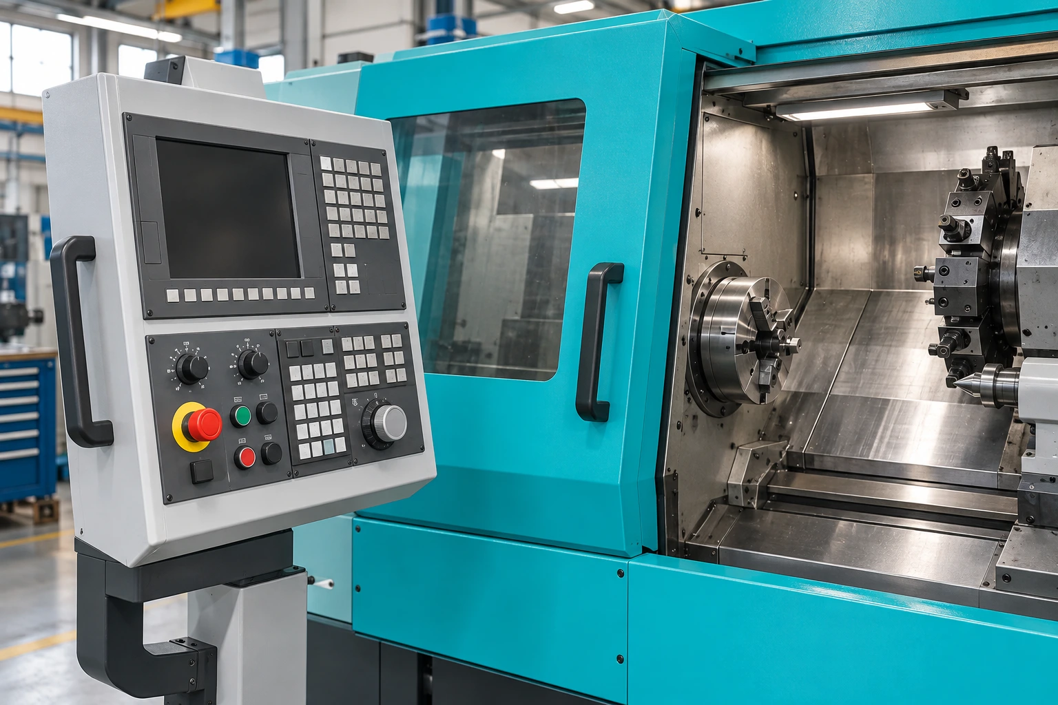 Tornio CNC con pannello di controllo e area di lavorazione, immagine del contesto industriale in cui IntelliOp analizza vibrazioni e parametri di taglio.